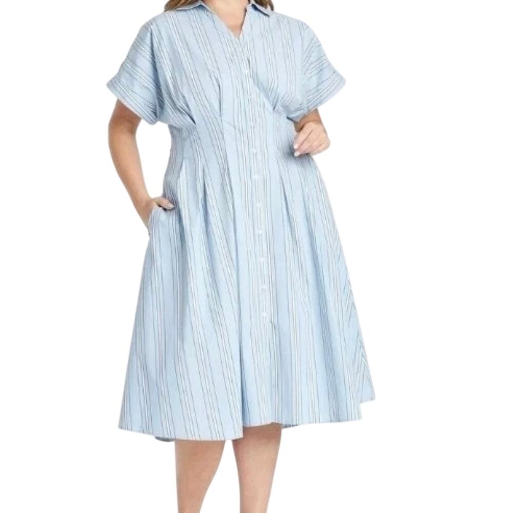 Blue Pinstriped pattern Shirt Dress Side pockets stand up collar V-neck Pleated - Picture 11 of 12